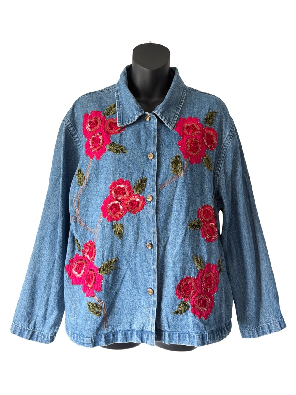 Tantrums Embroidered Vintage Denim Jacket Womens Medium Red Floral Rose Appliqué